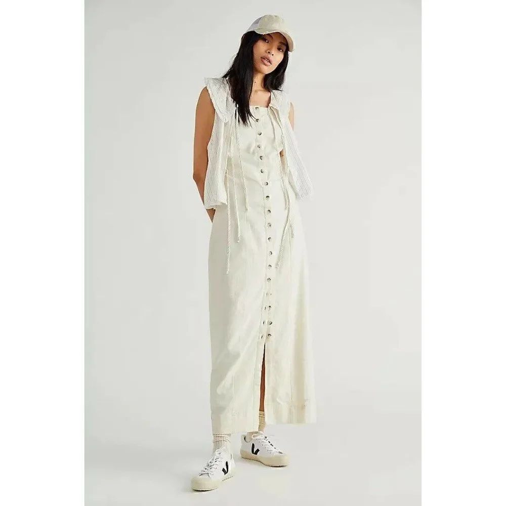 NEW FREE PEOPLE Sz L EMMA’S MIDI DRESS LINEN BUTTONDOWN DRESS - Picture 1 of 3
